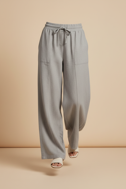 Pantalon Baggy Gris Ample Fluide Cordon Décontracté - Laine - vue 3