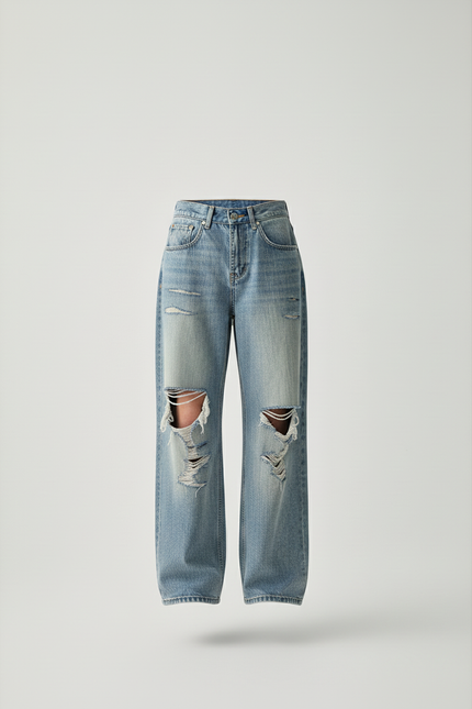 Pantalon Baggy Jean Bleu Droit Délavé Déchiré - vue 3