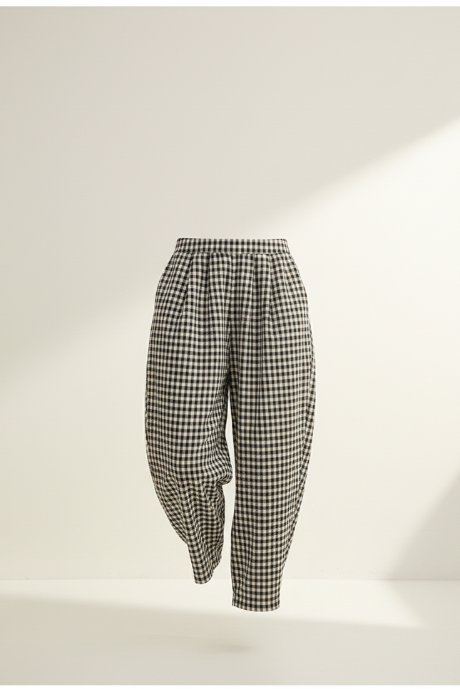 Pantalon Baggy Carreaux Noir Blanc Coton Ample Confortable - Imprimé Lin - vue 3