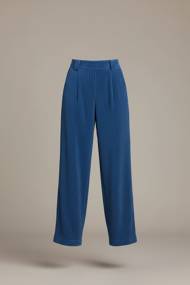 Pantalon Baggy Bleu Côtelé Taille Haute Ample - Cordé - vue 3