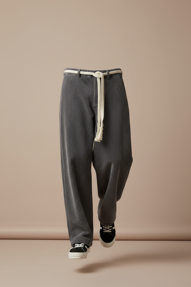 Pantalon Baggy Gris Côtelé Large Décontracté Homme - Cordé - vue 3