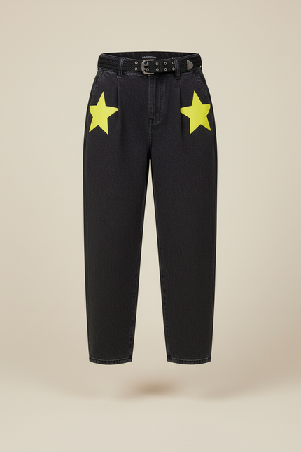Pantalon Baggy Noir Étoiles Jaunes Ample Décontracté - Jean - vue 3