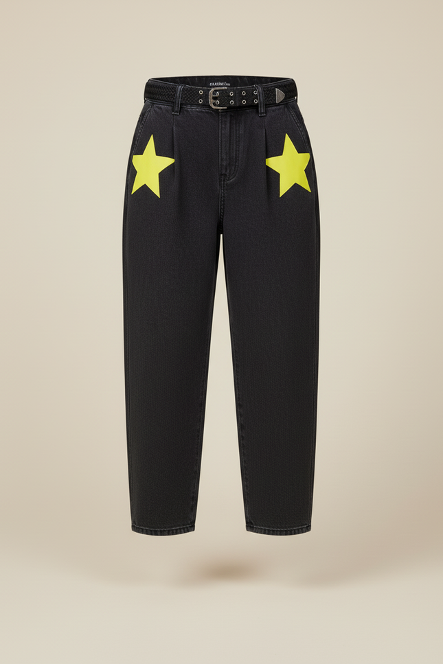 Pantalon Baggy Noir Étoiles Jaunes Ample Décontracté - Jean - vue 3