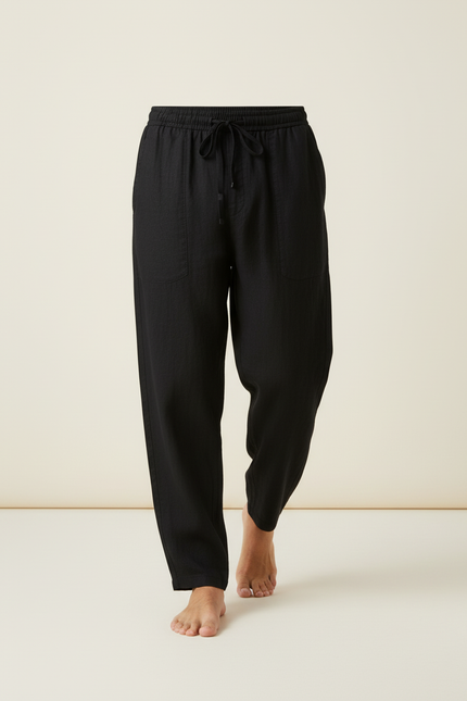 Pantalon Baggy Noir Lin Ample Décontracté Cordon - vue 3