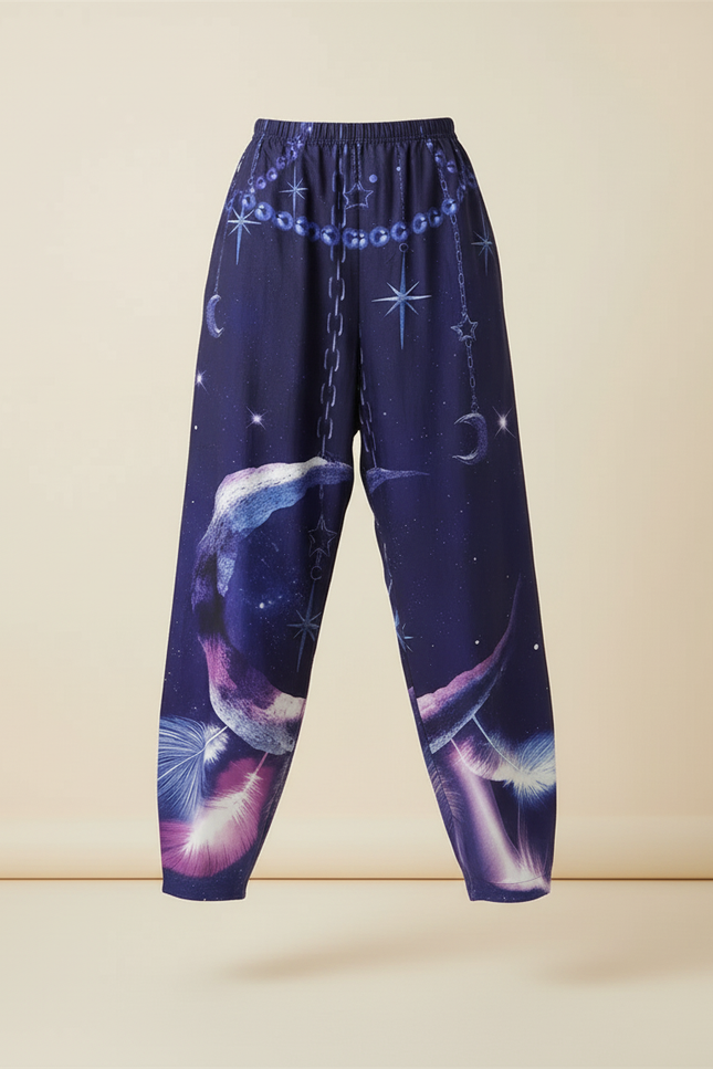 Pantalon Baggy Bleu Nuit Imprimé Galaxie Ample Fluide - Marine Viscose - vue 3