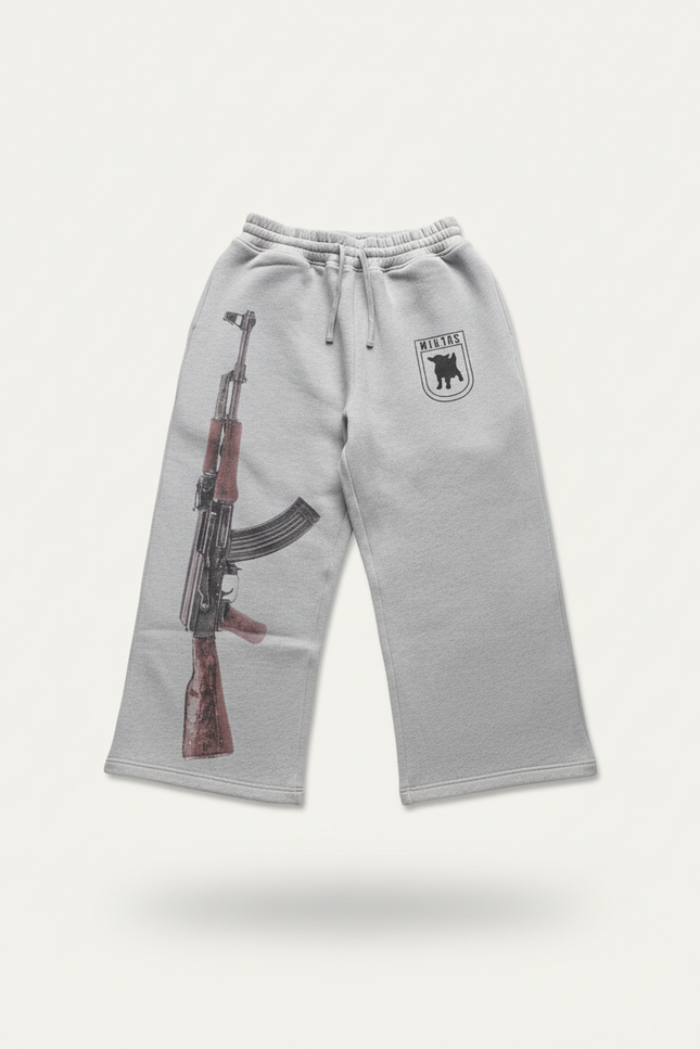 Pantalon Baggy Gris Imprimé Fusil Cordon Large Décontracté - Molleton - vue 2