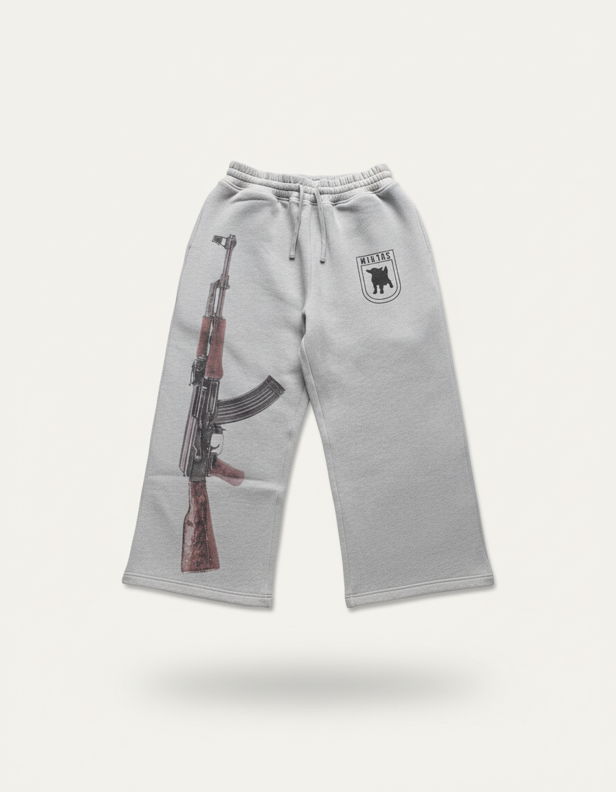 Pantalon Baggy Gris Imprimé Fusil Cordon Large Décontracté - Molleton - vue 2