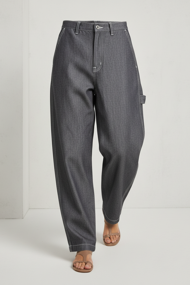 Pantalon Baggy Gris Denim Ample Coutures Blanches Décontracté - Jean - vue 3