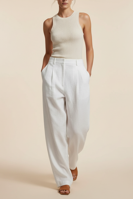 Pantalon Baggy Blanc Lin Fluide Ample Décontracté - vue 3