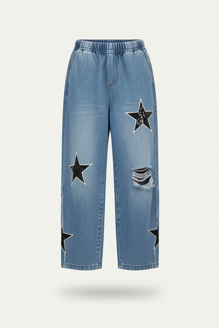 Pantalon Baggy Jean Bleu Étoiles Ample Déchiré Fille - vue 3