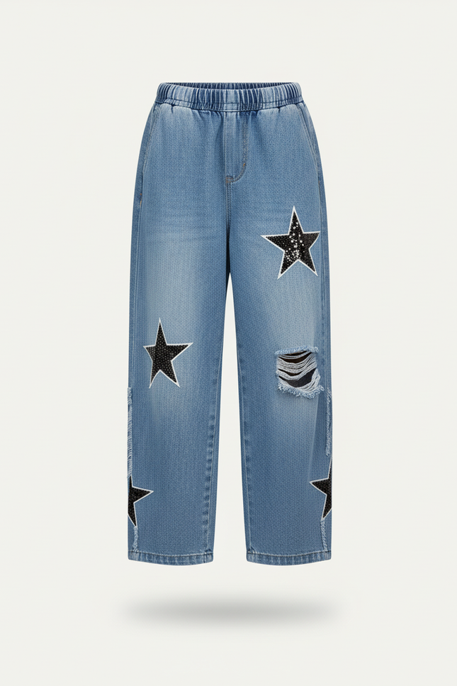 Pantalon Baggy Jean Bleu Étoiles Ample Déchiré Fille - vue 3