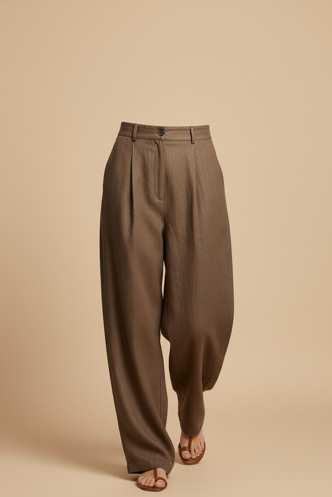 Pantalon Baggy Marron Ample Plissé Décontracté Fluide - Lin - vue 3