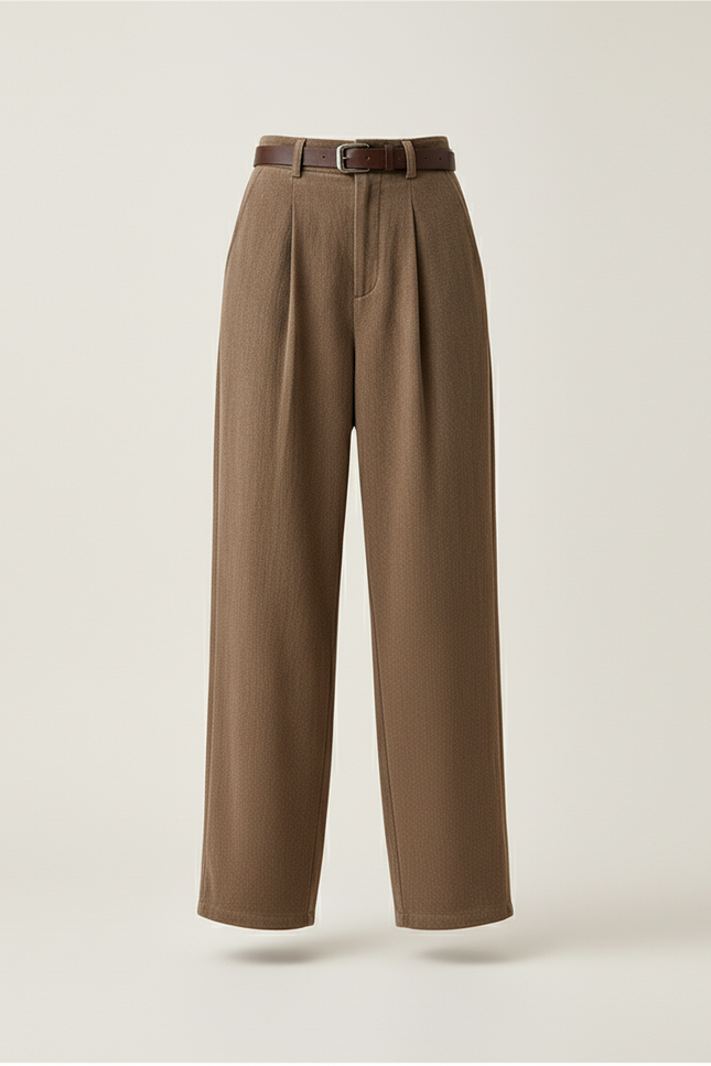 Pantalon Baggy Marron Ample Plissé Ceinturé Décontracté - Tweed - vue 3