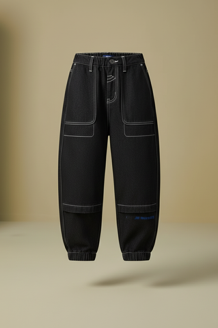 Pantalon Baggy Denim Noir Ample Surpiqûres Contrastées Enfant - Jean - vue 3