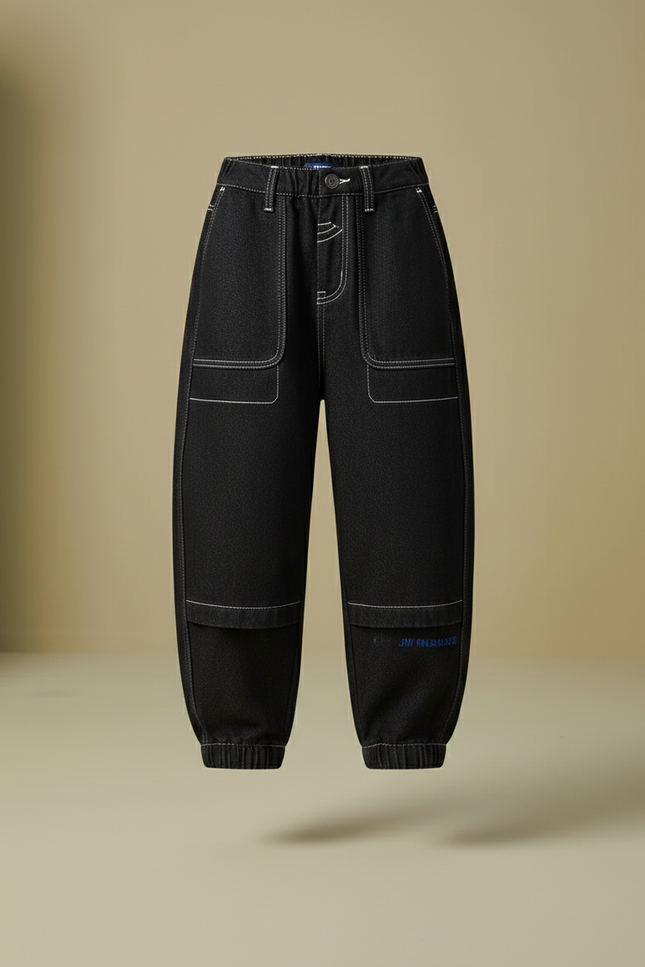 Pantalon Baggy Denim Noir Ample Surpiqûres Contrastées Enfant - Jean - vue 3
