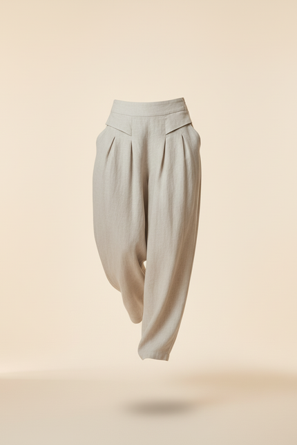 Pantalon Baggy Gris Clair Lin Ample Plissé Femme - vue 3