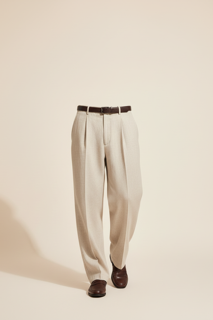 Pantalon Baggy Homme Beige Taille Haute Coton - Lin - vue 3
