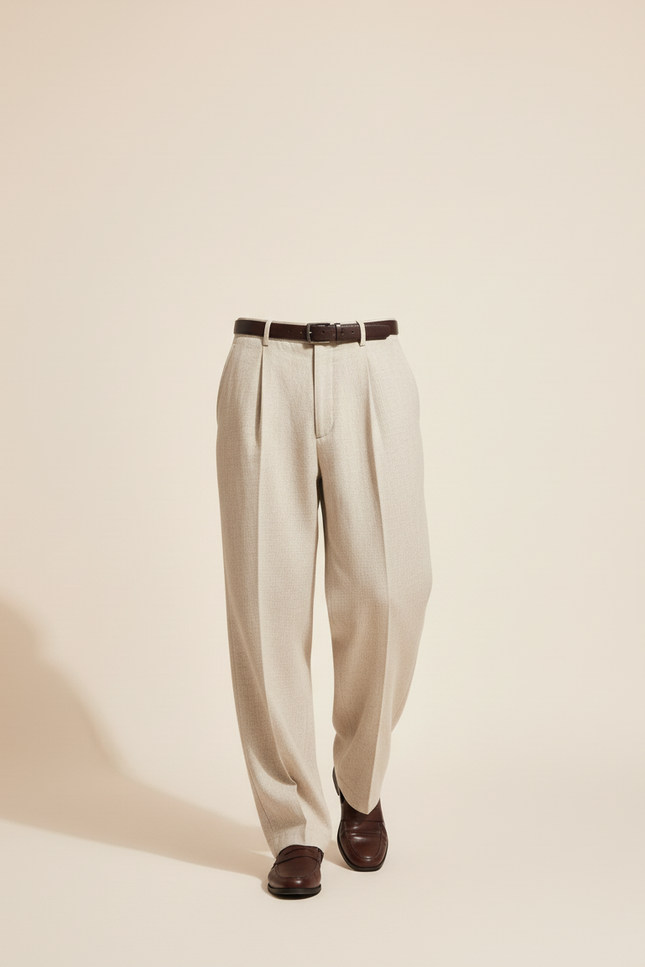 Pantalon Baggy Homme Beige Taille Haute Coton - Lin - vue 3