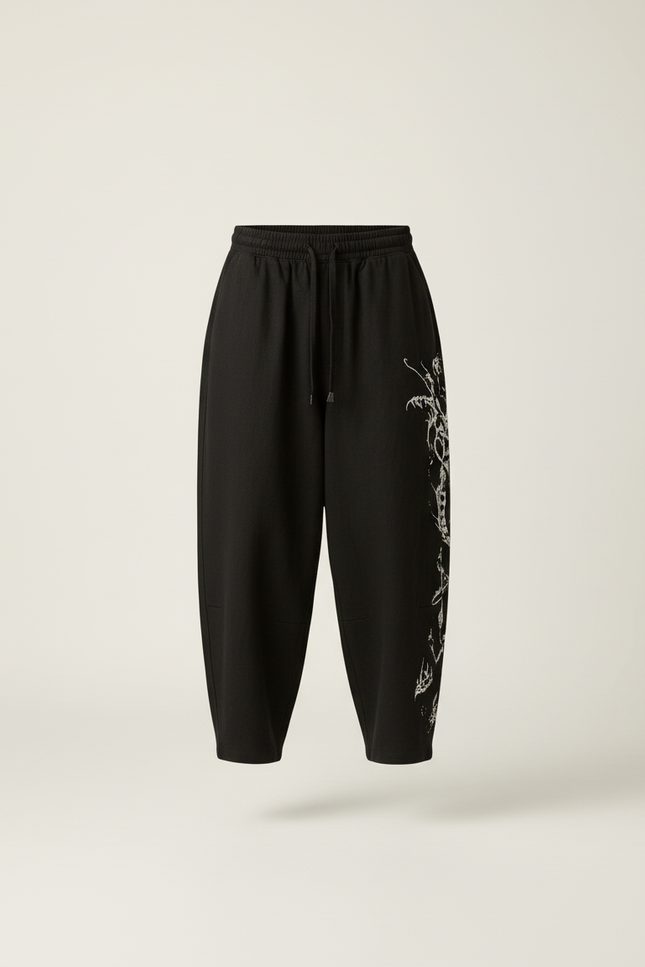 Pantalon Baggy Noir Ample Motif Tribal Blanc - Lin - vue 3