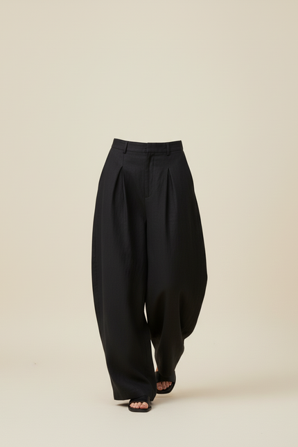 Pantalon Baggy Noir Ample Lin Plissé Taille Haute - vue 3