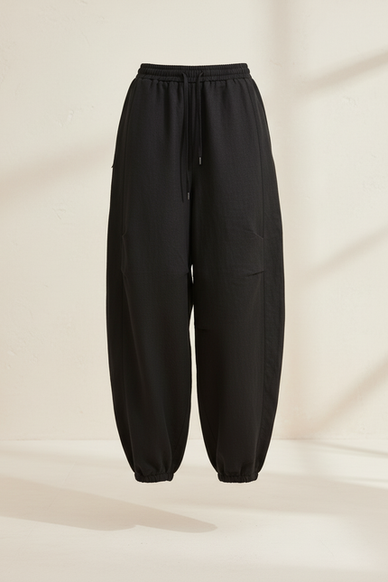 Pantalon Baggy Noir Ample Cordon Fluide Casual - Lin - vue 3