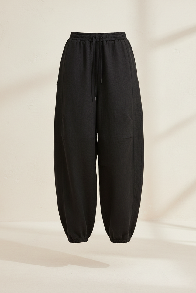Pantalon Baggy Noir Ample Cordon Fluide Casual - Lin - vue 3