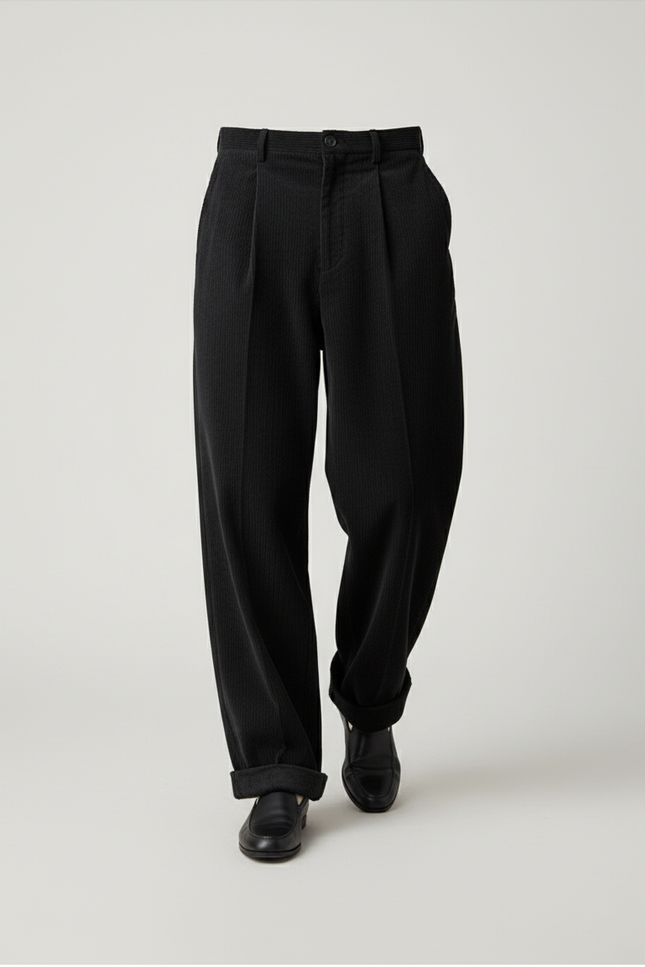 Pantalon Baggy Noir Côtelé Plissé Ample Homme - Cordé - vue 3