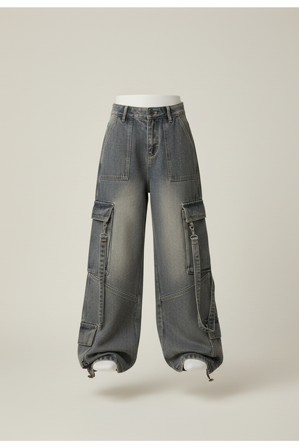 Pantalon Baggy Jean Gris Cargo Ample Fille - vue 3