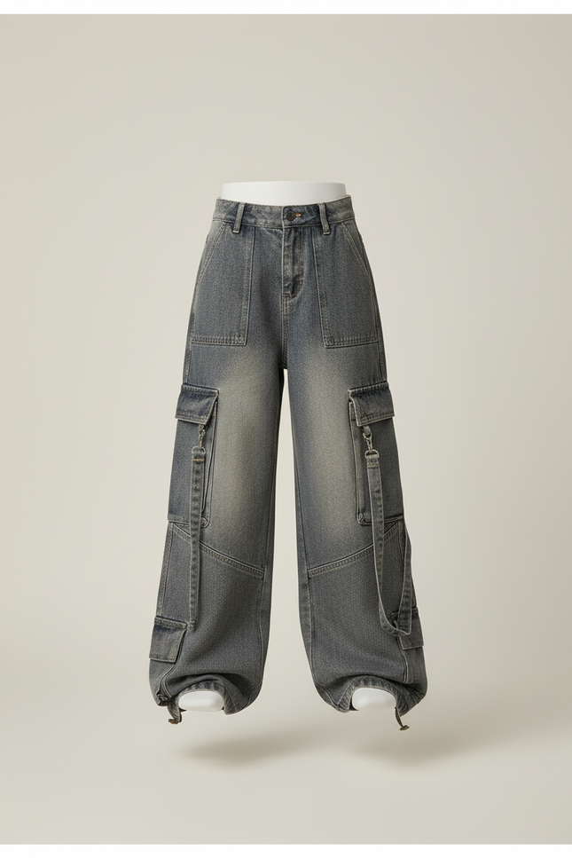 Pantalon Baggy Jean Gris Cargo Ample Fille - vue 3