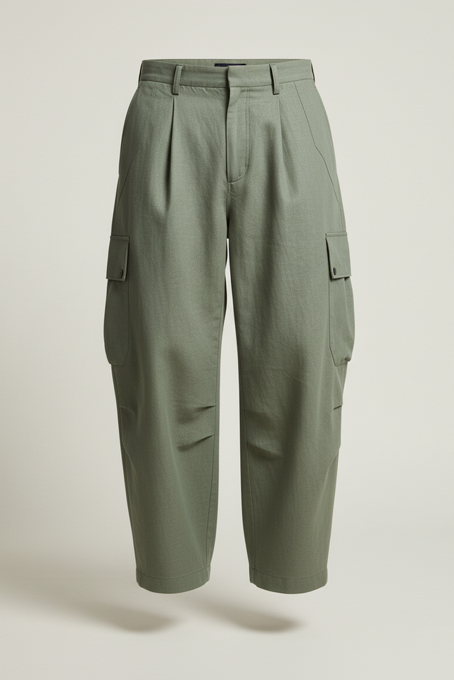 Pantalon Baggy Vert Kaki Cargo Plissé Homme - Toile - vue 3