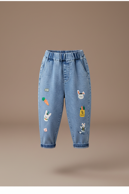 Pantalon Baggy Jean Bleu Brodé Lapin Fille - vue 3