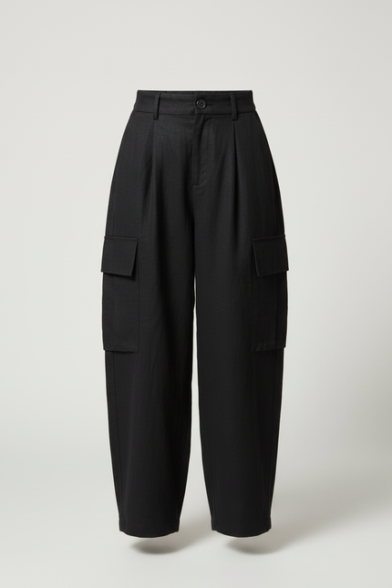 Pantalon Baggy Noir Cargo Décontracté Ample Fille - Lin - vue 3