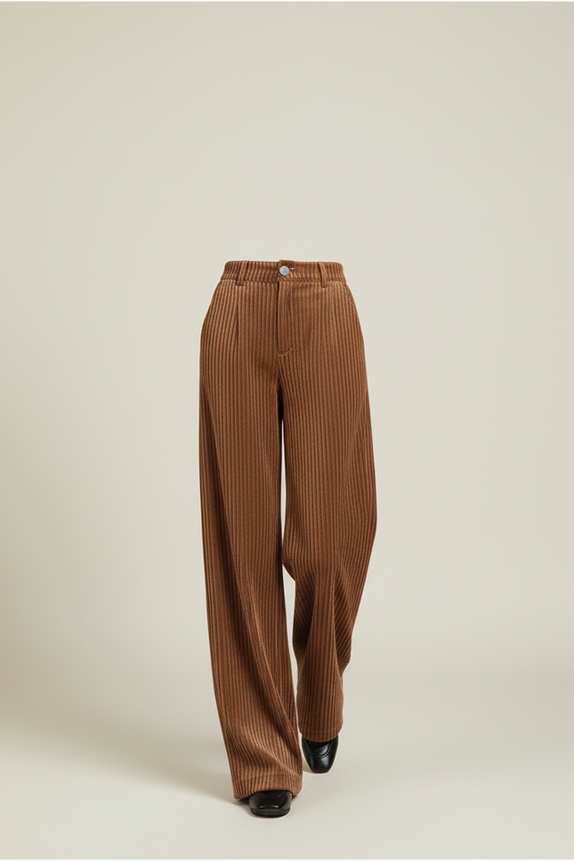 Pantalon Baggy Marron Velours Côtelé Taille Haute Ample - Cordé - vue 3