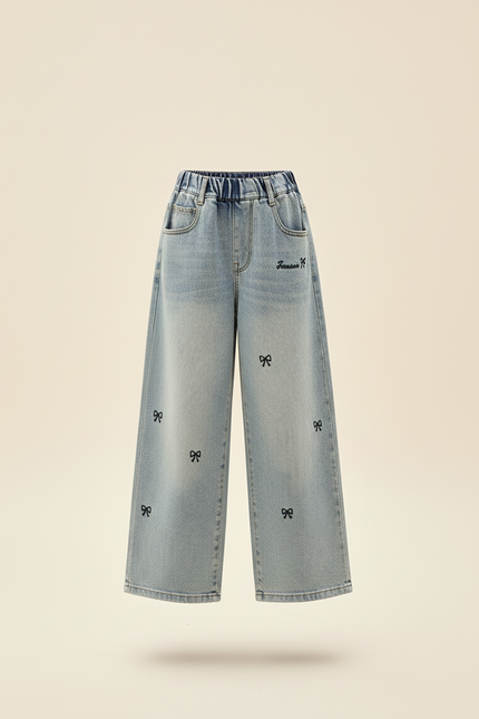 Pantalon Baggy Jean Bleu Brodé Nœuds Fille - vue 3