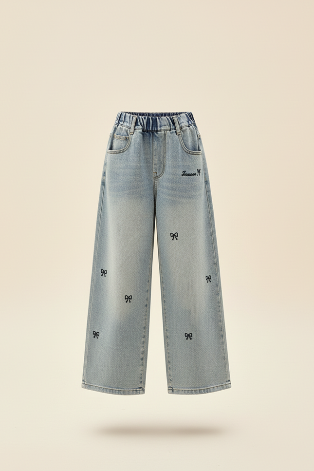 Pantalon Baggy Jean Bleu Brodé Nœuds Fille - vue 3