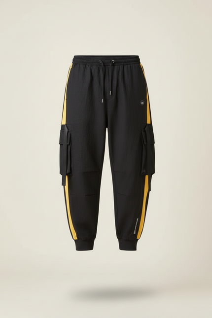 Pantalon Baggy Noir Cargo Bandes Jaunes Cordon Homme - Polyester - vue 3