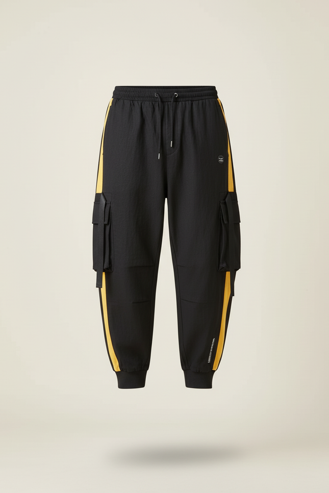 Pantalon Baggy Noir Cargo Bandes Jaunes Cordon Homme - Polyester - vue 3