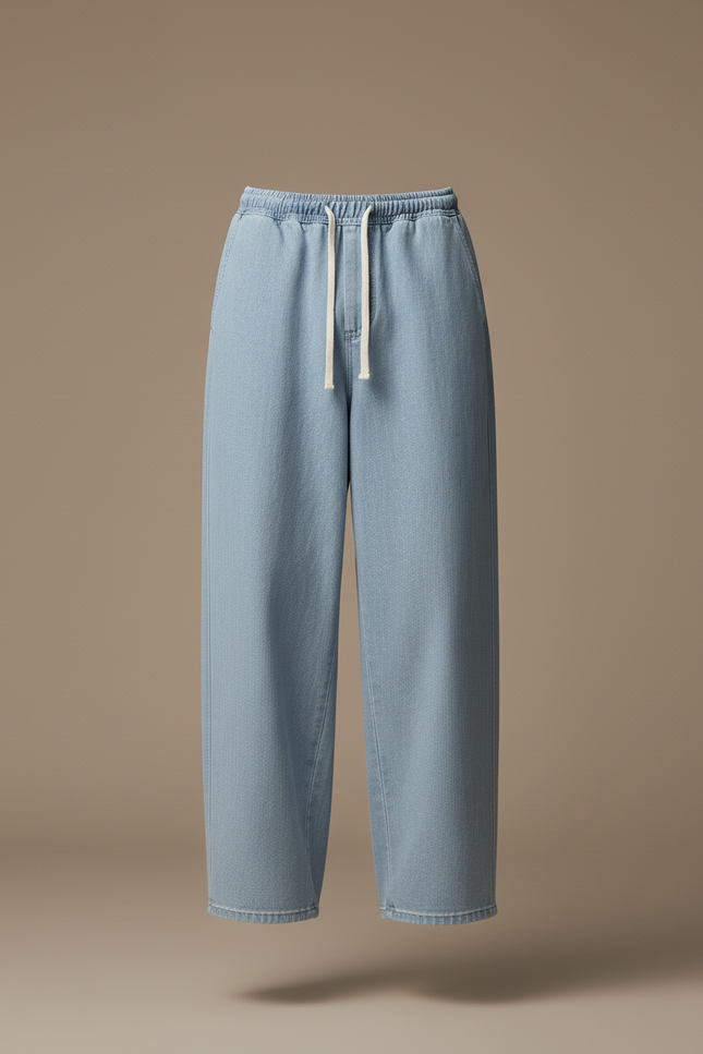 Pantalon Baggy Jean Bleu Clair Ample Cordon Décontracté - vue 3