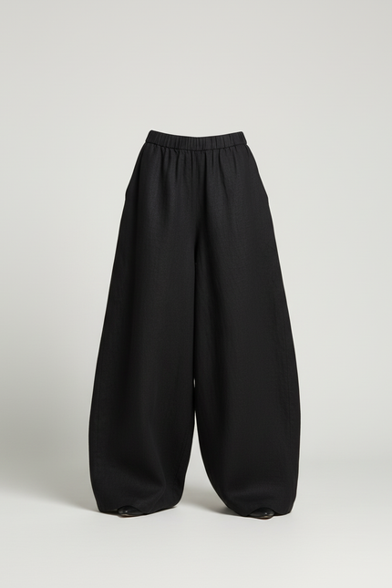 Pantalon Baggy Noir Ample Fluide Élégant Femme - Lin - vue 3