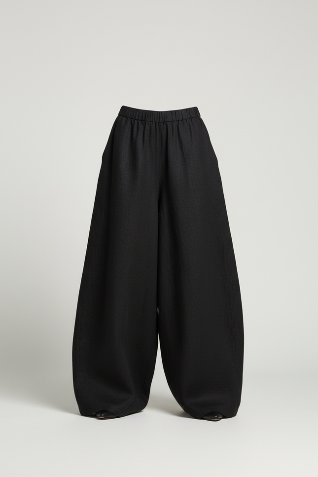 Pantalon Baggy Noir Ample Fluide Élégant Femme - Lin - vue 3