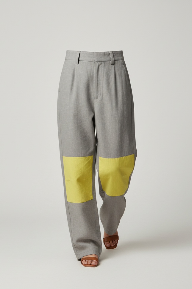 Pantalon Baggy Gris Patchwork Jaune Décontracté Unisexe - Lin - vue 3