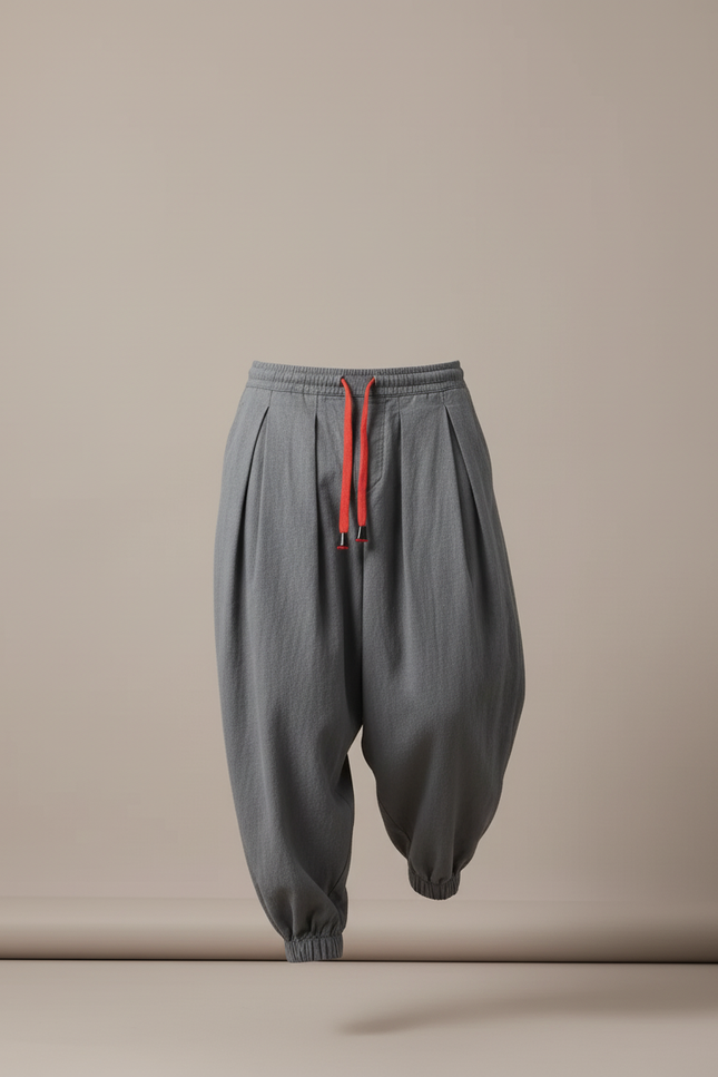 Pantalon Baggy Gris Coton Lin Ample Plissé Homme - vue 3