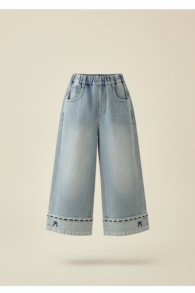 Pantalon Baggy Jean Bleu Délavé Ample Fille Brodé - vue 3