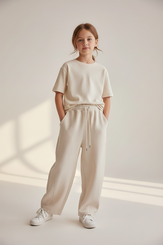 Pantalon Baggy Crème Ample Cordon Décontracté Enfant - Beige Molleton - vue 3