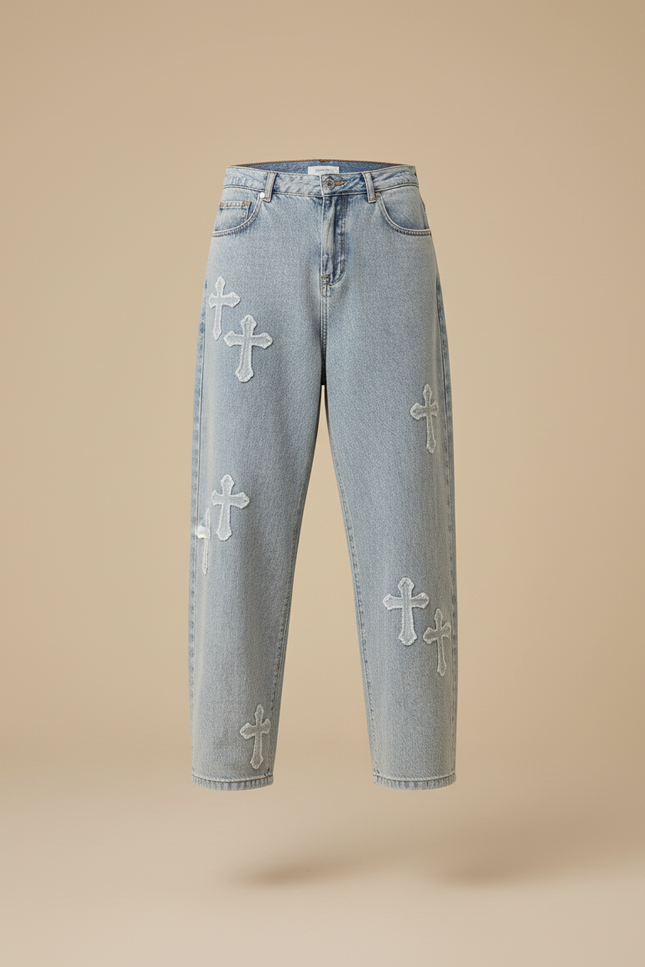 Pantalon Baggy Jean Bleu Délavé Croix Ample Homme - vue 3