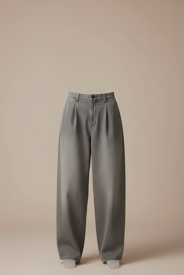 Pantalon Baggy Gris Délavé Ample Plissé Taille Haute - Jean - vue 3