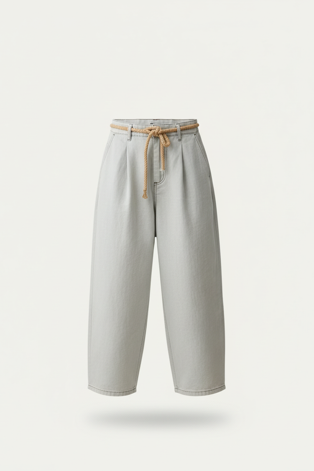 Pantalon Baggy Gris Clair Ample Plissé Cordon - Jean - vue 3
