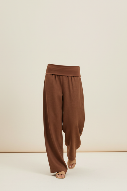 Pantalon Baggy Marron Ample Taille Basse Décontracté - Lin - vue 3