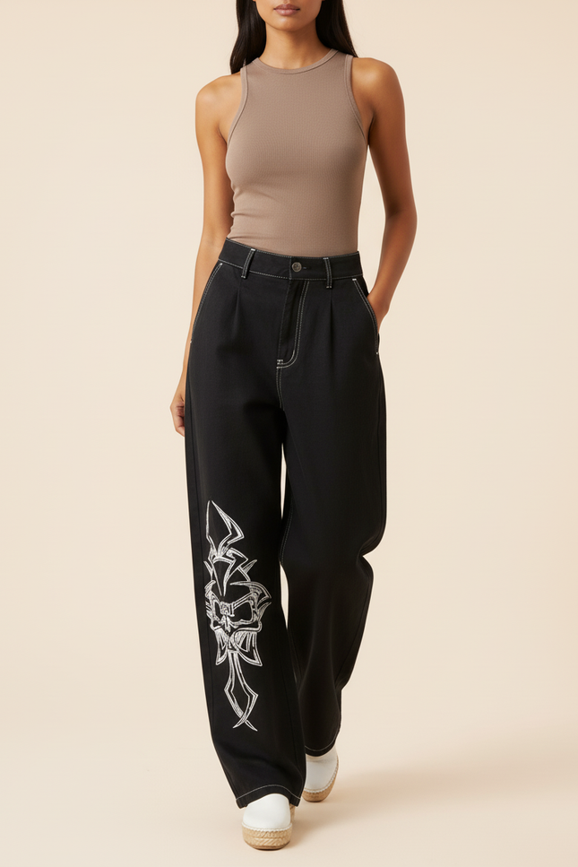 Pantalon Baggy Noir Brodé Ample Décontracté Streetwear - Jean - vue 3