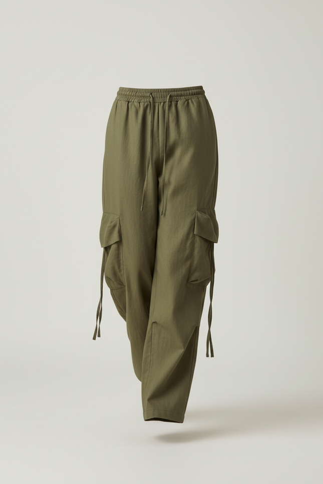 Pantalon Baggy Vert Kaki Ample Cargo Décontracté - Lin - vue 3